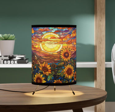 Sunflower Field Sunset Table Desk Lamp | Stained Glass Effect Sunrise Landscape | Colorful Home Accent Lighting | Orange Gree