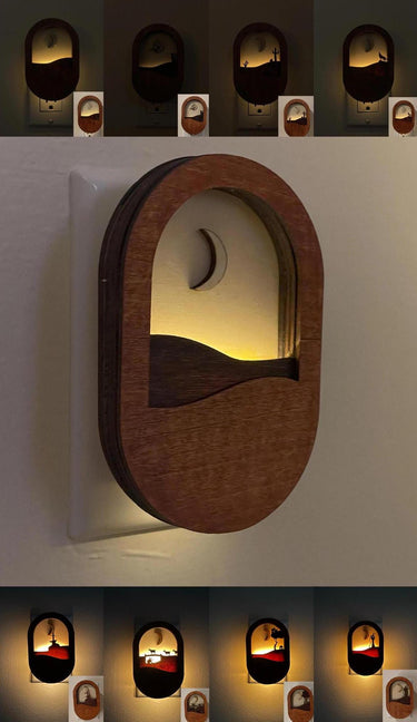 Moon Scene Wooden Night Light: Auto-Dimming Wall Plug