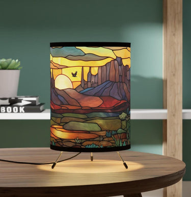 SW Desert Sunset Desk Table Lamp | Stained Glass Effect | Southwest Cactus Americana Sunrise Landscape Colorful Unique Home A