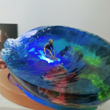Ocean Wave Resin Night Light - Handmade Surfboard Lamp with LED, Coastal Bedside Decor, Surfer Gift for Men, Beach House Ligh