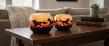 Running horses hand painted one candle holder sunset color