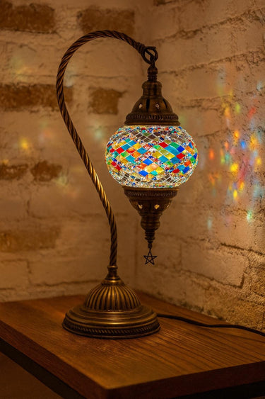 Handcrafted Turkish Mosaic Glass Table Lamp with Bronze Swan Neck