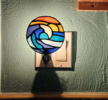 Stained glass Sunset ocean wave, night light, nature scenery, deaf artist, gift for beach lover, water sun landscape, plug in