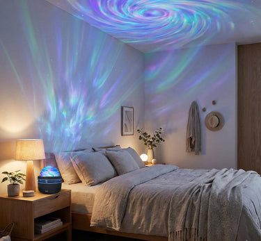 Aurora Galaxy LED Projector Lamp – Rotating Ambient Night Light with Remote Control – Modern Bedroom Decor