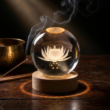 Glass Crystal Ball Night Light, Lotus Flower Lamp With Wooden Base, Warm Ambient Table Light, Elegant Home Decor Gift Idea