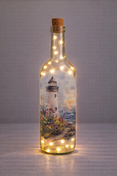 Sunset Lighthouse Wine Bottle Light – Coastal Wildflower Decor – Beach House Nightlight – Upcycled Nautical Gift