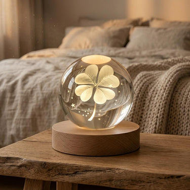 Four Leaf Clover Lamp With Wooden Base, Glass Crystal Ball Night Light, Cozy Bedside Ambient Light, Lucky Home Decor Gift