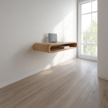 Curved Solid Wood Floating Desk with Sculptural Open Storage