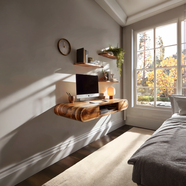Sculpted Solid Wood Floating Desk with Rounded Edge Storage