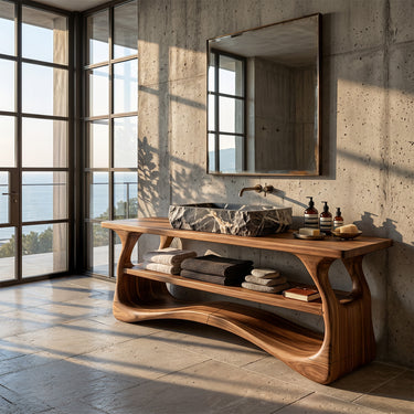 Natural Wood Bathroom Vanity With Wave Open Shelf Base