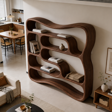 Sculptural Wave Bookshelf with Soft Curved Open Shelving