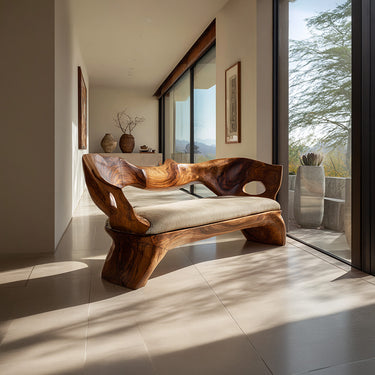 Carved Wood Loveseat With Upholstered Cushion for Gallery Interiors