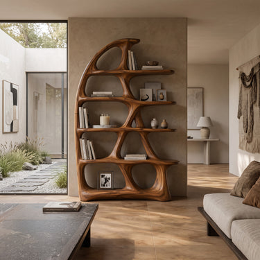 Organic Wood Bookshelf With Asymmetric Arch Design For Home Decor