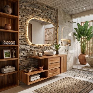 Natural Wood Bathroom Vanity With Shelf And Drawer Storage
