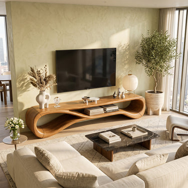 Natural Wood TV Console With Flowing Wave Loop Base
