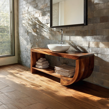 Solid Wood Bathroom Vanity with Curved Open Shelf Storage