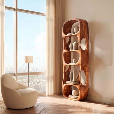 Rounded Wood Kitchen Bookshelf With Open Storage