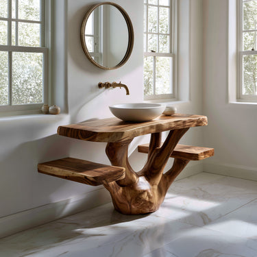 Sculptural Solid Wood Bathroom Vanity with Branch Pedestal Base