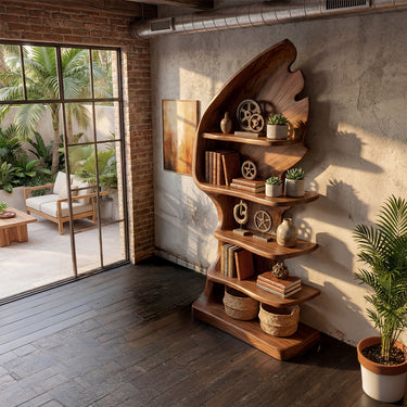 Leaf Form Wood Bookshelf With Open Display Shelves
