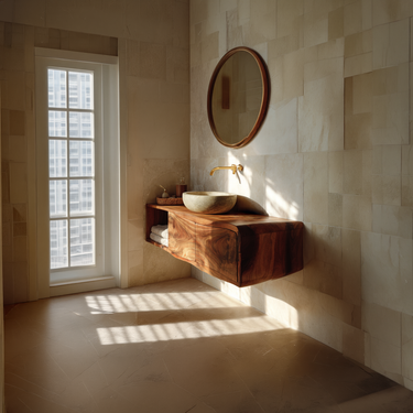 Curved Solid Wood Floating Vanity Cabinet for Organic Modern Bathroom