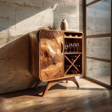 Sculptural Wood Wine Cabinet With Open Bottle Storage