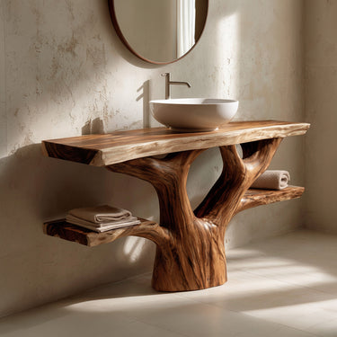 Branch-Inspired Solid Wood Bathroom Vanity with Side Shelves