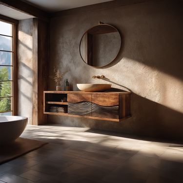 Carved Wave Solid Wood Floating Vanity with Storage for Modern Bathroom