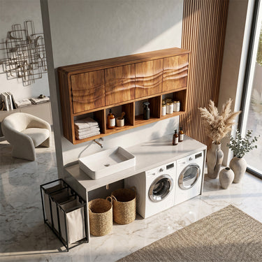 Natural Wood Laundry Room Wall Cabinet With Wave Doors And Cubbies
