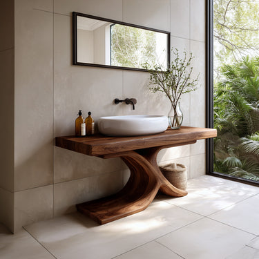 Sculptural Solid Wood Bathroom Vanity with Wave Pedestal Base