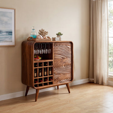 Carved Wood Wine Cabinet With Glassware Storage