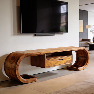 Curved Loop Base TV Console With Floating Drawer Design