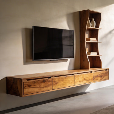 Floating TV Console With Sculptural Shelf Tower