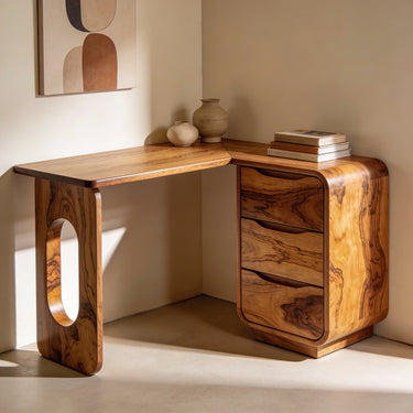 Organic Corner Desk With Sculptural Panel and Drawer Storage