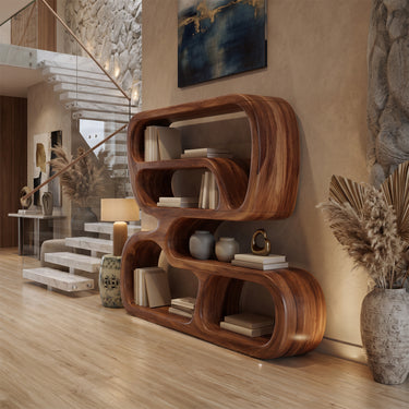 Natural Wood Stacked Bookcase With Rounded Display Shelves