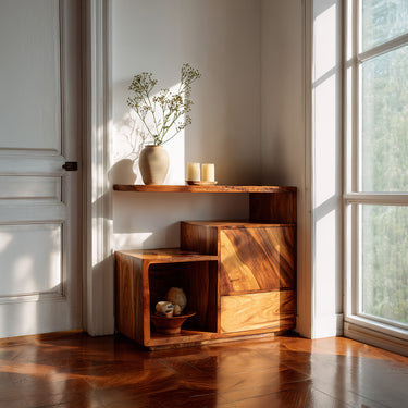 Asymmetrical Corner Sideboard With Open Cube Storage