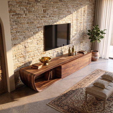 Natural Wood TV Console With Rounded Loop Side Storage