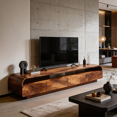 Modern Curved TV Cabinet With Open Shelf And Drawer Storage