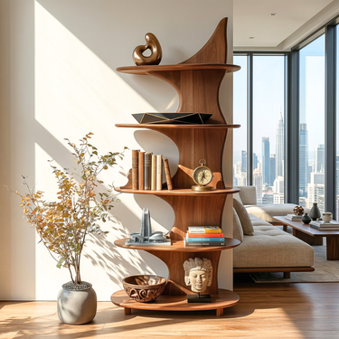 Architectural Solid Wood Bookshelf With Sculpted Vertical Spine