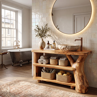 Natural Wood Tiered Vanity With Sculptural Side Support