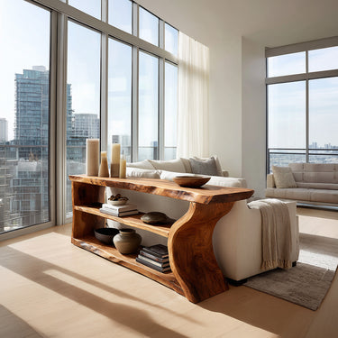 Sculptural Sofa Console Table With Open Display Shelves