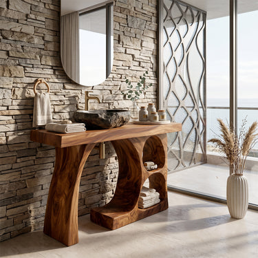 Natural Wood Bathroom Vanity With Asymmetric Open Base