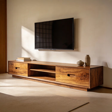 Minimalist Media Console With Dual Drawers And Open Shelf