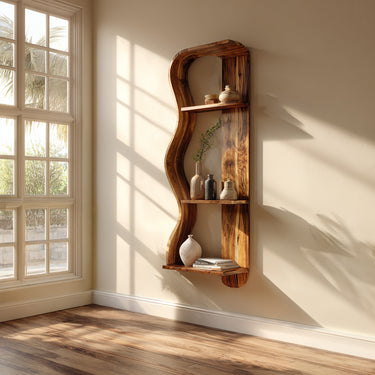 Vertical Wood Wall Shelf With Sculptural Open Display
