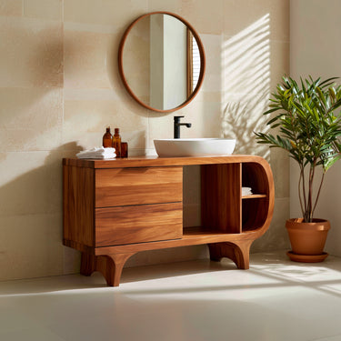 Rounded Solid Wood Bathroom Vanity with Drawers and Open Shelves