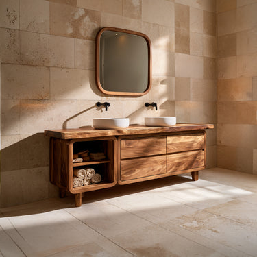 Double Sink Solid Wood Bathroom Vanity with Drawers and Open Shelf