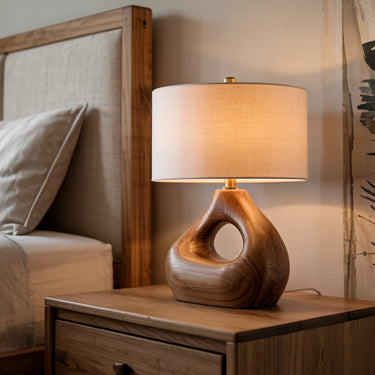 Organic Solid Wood Table Lamp with Soft Carved Sculptural Base