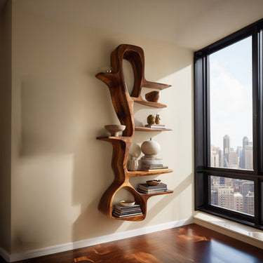 Sculptural Wood Wall Shelf With Vertical Open Display