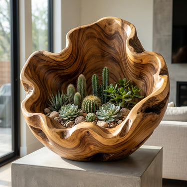 Hand-Carved Solid Wood Planter Bowl for Organic Modern Decor