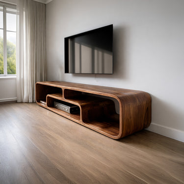 Sculptural Curved TV Console With Open Media Storage