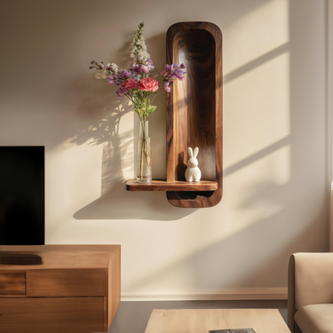 Vertical Wood Wall Shelf Panel with Carved Recess Design